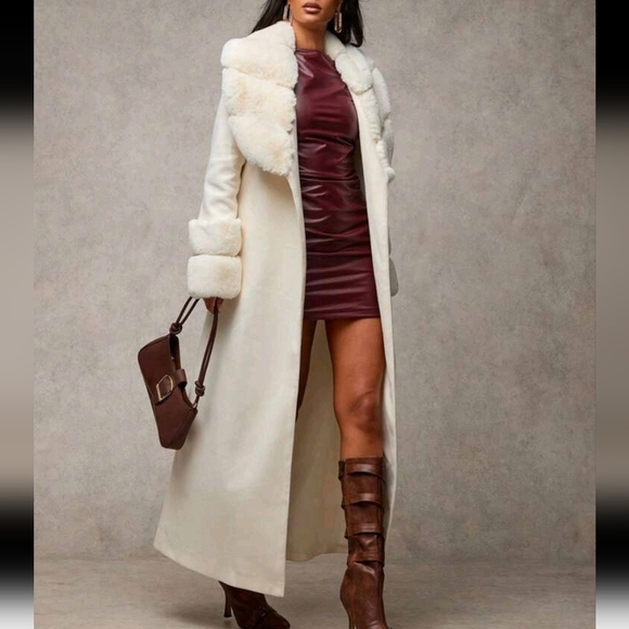 Women's Solid Color Faux Fur Shawl Collar Long Sleeve Long Elegan Coat - Picture 1 of 6
